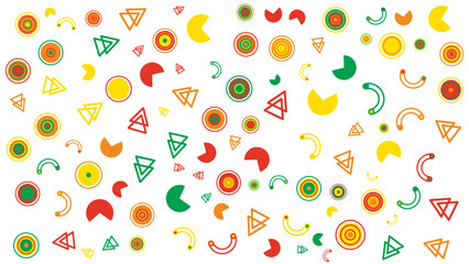 Simple geometric pattern of yellow red and green shapes. Ideal for background designs, packaging, stationery, and textile prints. Bright and colorful.