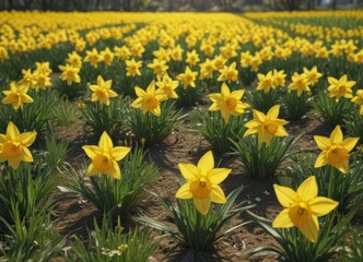 Fototapeta premium Vibrant yellow daffodil blossoms carpet a verdant field bathed in sunlight , plant, spring scene