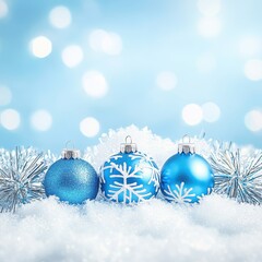 Fototapeta premium Festive blue ornaments nestled in sparkling snow with a soft, blurred winter background. A serene and wintry holiday scene