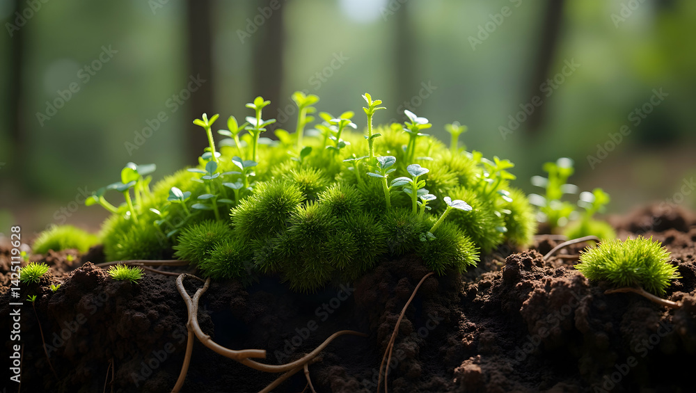 Poster lush green moss and seedling cluster on forest soil, a vibrant display of new life and root systems 