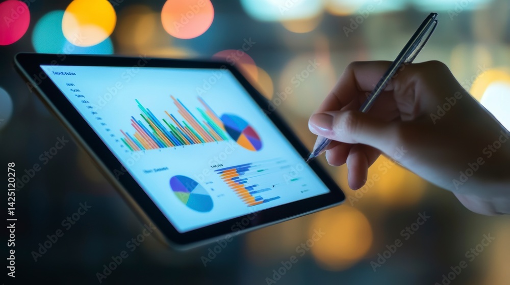 Poster Hand using stylus on tablet displaying financial charts and graphs at night.