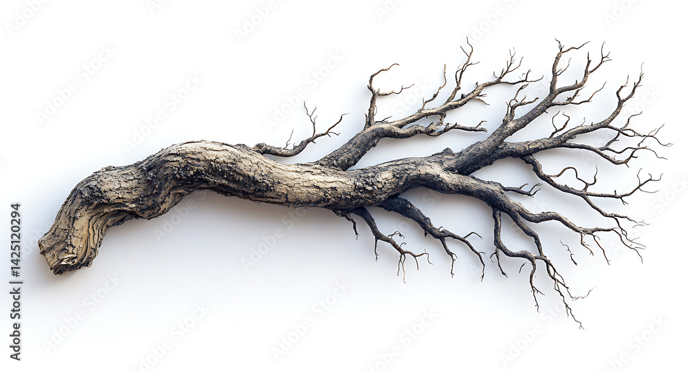 Poster bare tree branch with intricate twigs isolated on white background top view