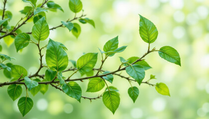 Obraz premium Fresh green leaves on branch create vibrant and lively atmosphere, showcasing beauty of nature in spring. soft focus background enhances serene feeling of this natural scene