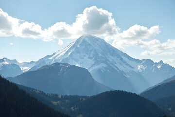 Fototapeta premium Majestic Mountain Landscape, Serene Sky and Clouds Dominate the View above the Snow-Capped Peaks and Lush Green Valley, A Perfect Harmony of Nature