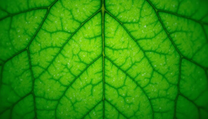close up view of vibrant green leaf showcasing intricate vein patterns and textures, highlighting beauty of nature and its details. rich green color evokes sense of freshness and vitality