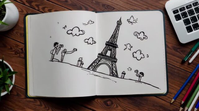 Animated drawing representing tourists taking pictures of famous monuments
