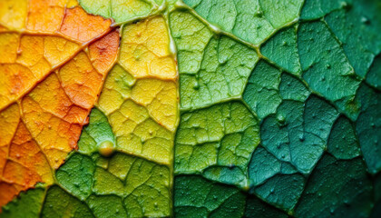 Obraz premium close up view of textured leaf showcasing vibrant colors ranging from orange to green, highlighting intricate patterns and details of nature design. image evokes sense of natural beauty