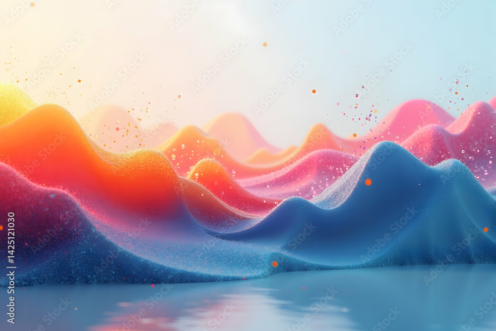 Poster mesmerizing colorful waveform landscape, a vibrant abstract design with horizontal layout, ideal for