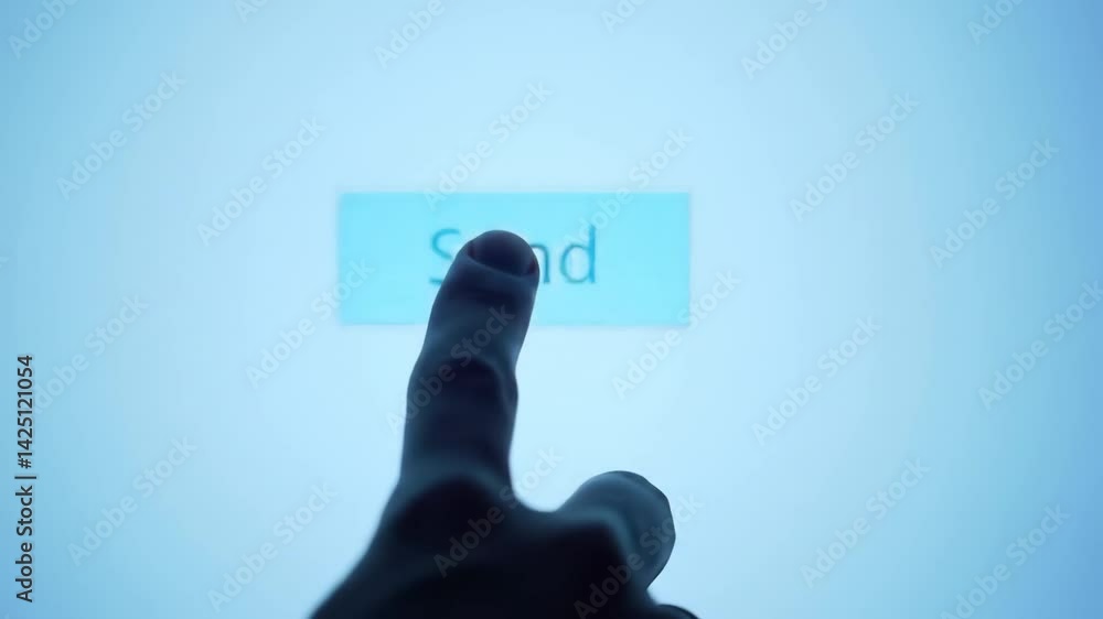 Poster a close-up view of a blue circular object against a pale background with finger pointing towards it,