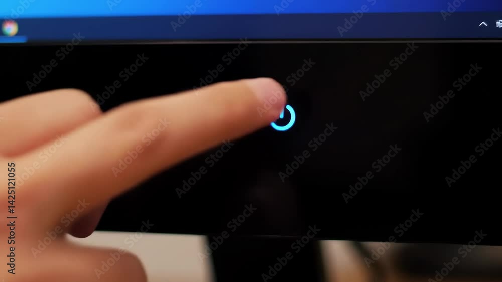 Poster close-up of a modern computer monitor's power button illuminated, highlighting a small blue light in