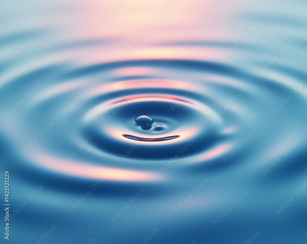 Poster mesmerizing macro shot capturing the delicate dance of a liquid drop creating soft ripples with subt