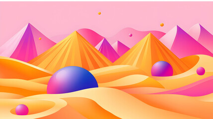 Colorful abstract desert landscape with pyramids and spheres at sunset
