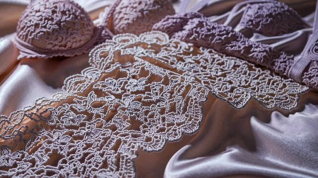 Close-up, top-down angle of delicate lace lingerie on silky fabric, highlighting intricate details. Ideal for a fashion video showcasing elegance.