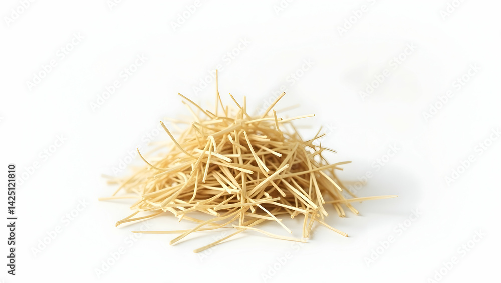 Poster minimalist image of a small haystack of dry noodles against a seamless white studio backdrop, showca