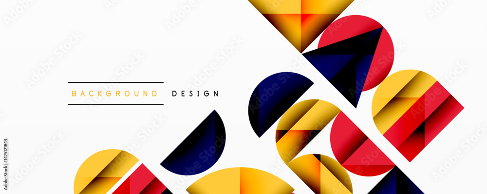 Poster abstract geometric shapes overlap, creating dynamic composition. yellow, red, navy hues dominate des