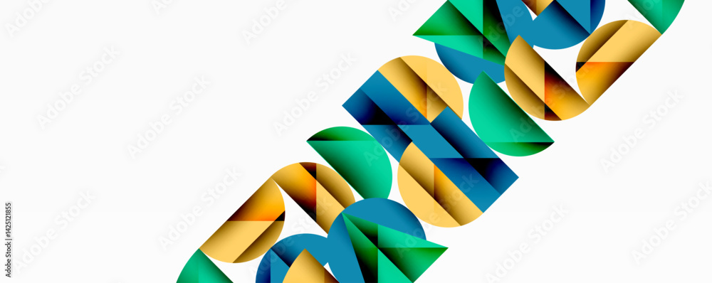 Poster Abstract geometric shapes overlap, creating dynamic diagonal pattern. Colors include teal, gold, blue gradients. Minimalist design suggests movement, energy, modern aesthetic.