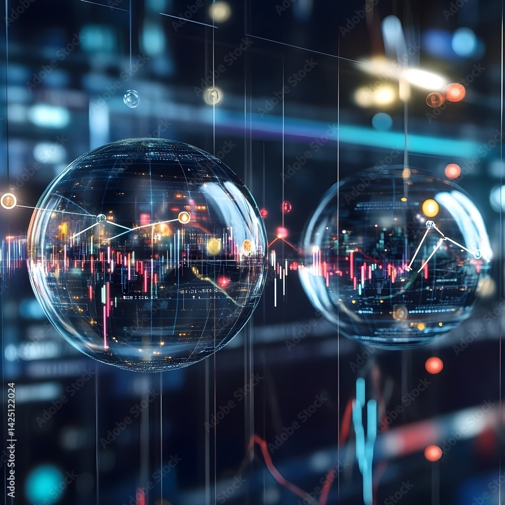 Poster floating orbs representing capital symbols and graphs digital environment financial analytics
