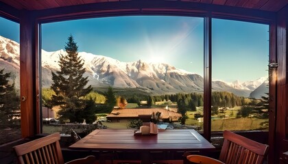a cozy cafe with calm lightning and amazing view on mountains through window