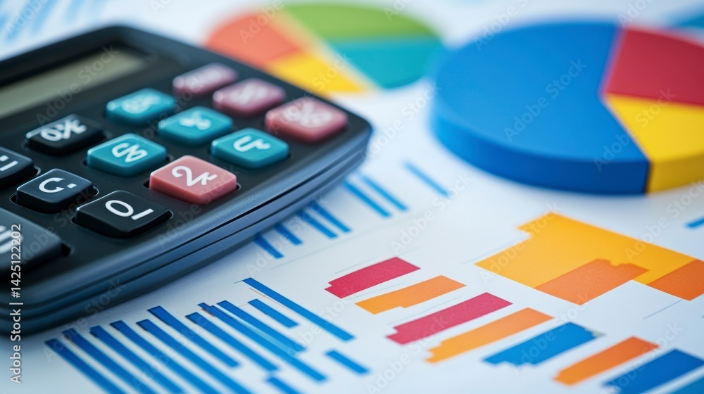 Poster Close-up of calculator on financial charts and graphs showing business data analysis.