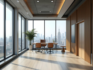 Fototapeta premium Modern Executive Office Suite with Panoramic City View and Contemporary Design for High Achieving Professionals and Forward Thinking Companies to Impress