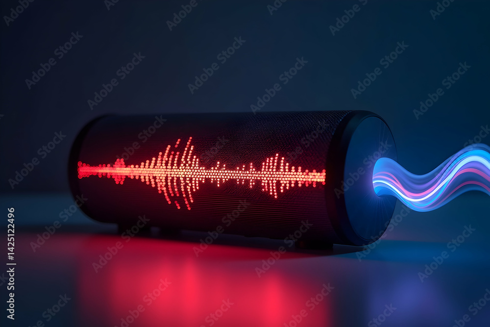 Poster modern portable speaker with pulsating waveform lights for music visualization bringing an immersive