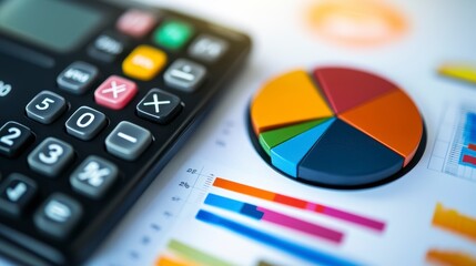 Close-up of calculator and colorful pie chart on financial report.