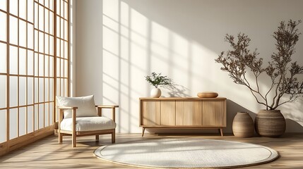 White background, wooden furniture with a light wood color, and white wall panels. A simple Japanese-style interior design of a living room with a cabinet, table, and chair.