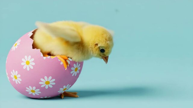 Newborn yellow chick sitting in a pink easter egg decorated with white flowers on a light blue background with copy space	