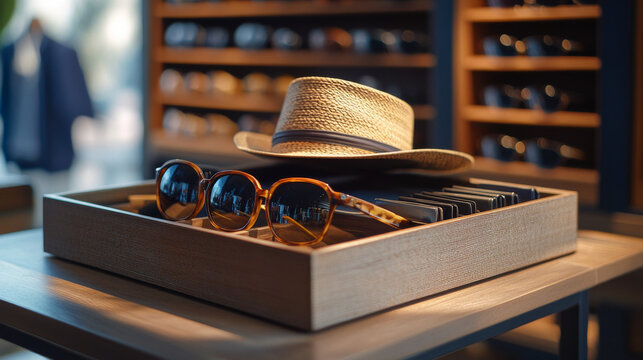 Display stand filled with stylish male accessories captured on a tabletop