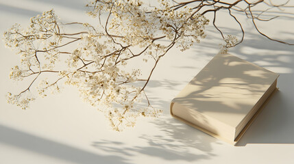 Beige book with dried flowers, shadow play, minimalist aesthetic. Possible use Product presentation or design inspiration