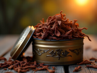 Nostalgic Still Life, A Vintage-Inspired Pipe Tobacco Tin Evokes Timeless Elegance and Rustic Charm on a Weathered Wooden Surface Bathed in Warm Light