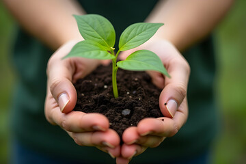 Nurturing New Life, Close-up of Hands Gently Holding a Young Plant Sprout with Rich Soil, Symbolizing Growth, Hope and Environmental Stewardship with Space for Text