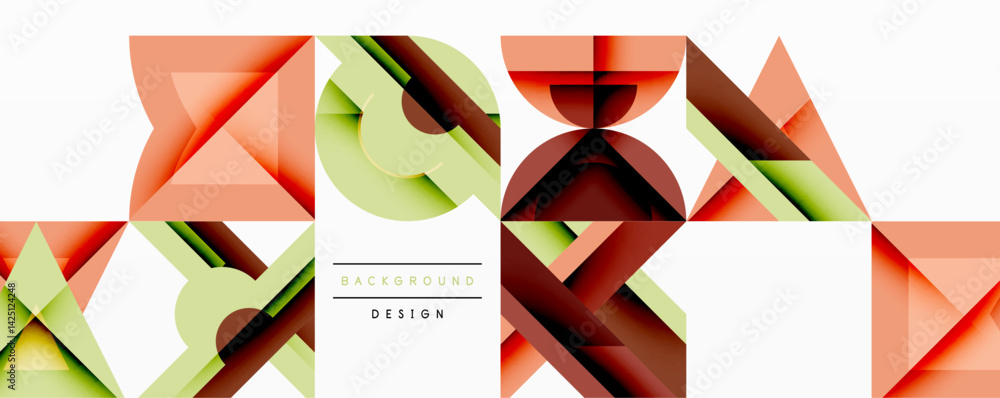 Aufkleber Abstract geometric composition. Overlapping shapes create dynamic visual effect. Orange, green, brown hues dominate design. Modern background suitable for various projects.