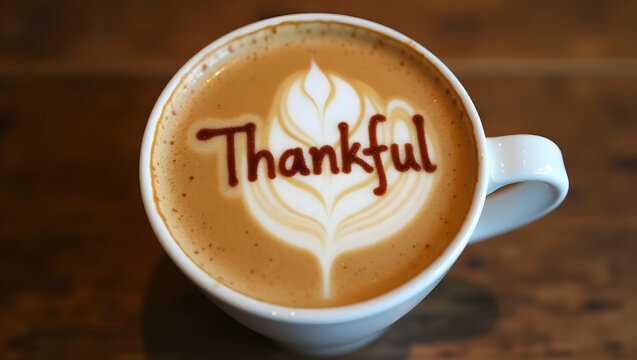 Overhead Shot of a Thanksgiving-Themed Latte with Thankful Written in the Foam, a Heart Shape Design, and a Warm and Inviting Atmosphere for the Holidays