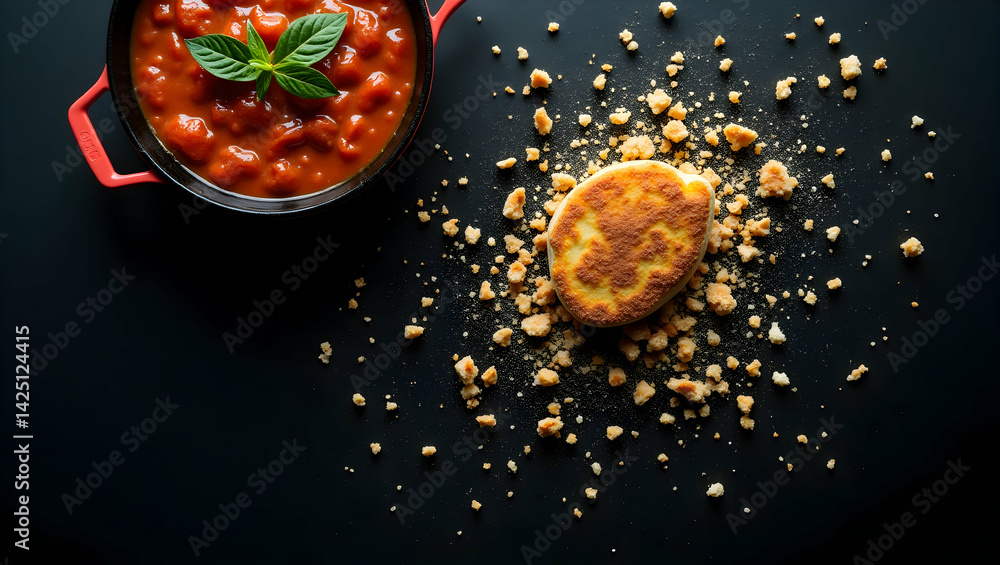 Poster overhead view of tomato soup with basil and bread on a flat surface, showcasing a culinary compositi