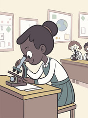 Hilda Cartoon: Girl Using Microscope in Classroom, Science Education Illustration, Animated Character Studying, Children's Book Style Art