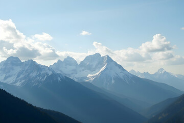Obraz premium Panoramic view of majestic snow-capped mountains against a serene sky with fluffy clouds, showcasing nature's grandeur and breathtaking scenery