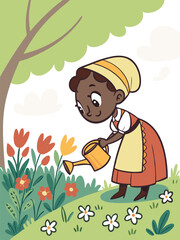 Cartoon Woman Watering Flowers in Garden: Cute Illustration of Gardening, Springtime, and Nature for Kids & Educational Use