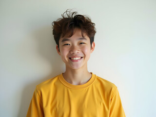 Portrait of a Cheerful Teenager with a Radiant Smile Posing in Front of a Plain Wall Capturing Youthful Joy and a Positive Attitude in Studio Shot