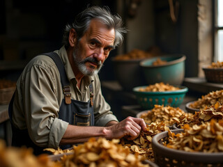 Portrait of a weathered tobacco factory worker with a kind face, amidst baskets brimming with freshly harvested tobacco leaves in a rustic setting