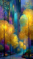 Walking on Lighted Pathway Between Trees and Buildings in Vibrant Artwork