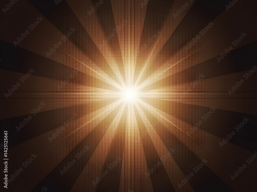 Poster radiant abstract design with a central glowing light source emitting beams through a textured surfac