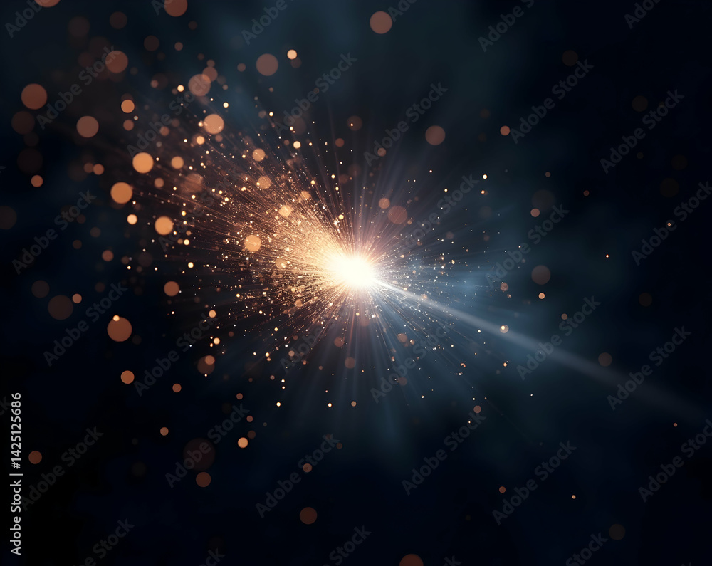 Poster radiant burst of light, abstract particles with dramatic lighting and negative space creating a capt