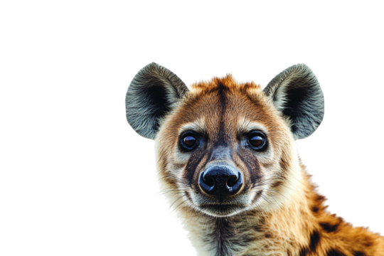 A curious hyena stares directly ahead, its large round ears and expressive eyes dominating, isolated on a transparent background