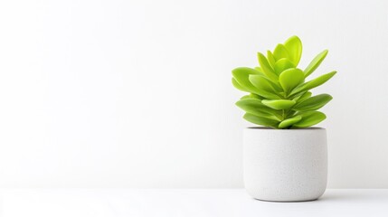 A small green succulent plant in a white ceramic pot on a minimalist white background, and showcasing simplicity and modern interior design.