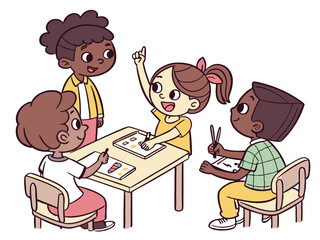 Kids Learning Together: Elementary Students in Classroom, Cartoon Illustration of Children Studying and Raising Hand in School
