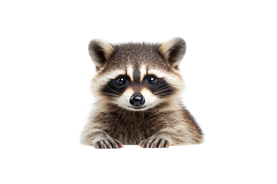 Curious raccoon leans forward with wide eyes, tiny paws visible, exuding adorable innocence and alertness, isolated on a transparent background