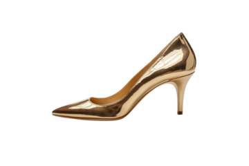 Elegant gold high heel with a pointed toe, shimmering surface, and a sleek, curved stiletto, isolated on a transparent background