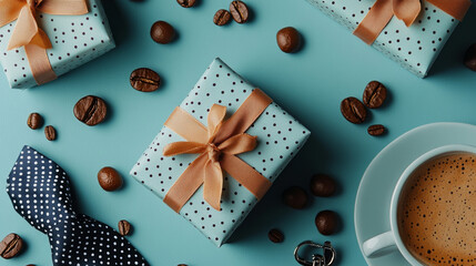 Overhead view of Fatherâ€™s Day concept with coffee, tie, cufflinks, and polka dot gift box on a blue background