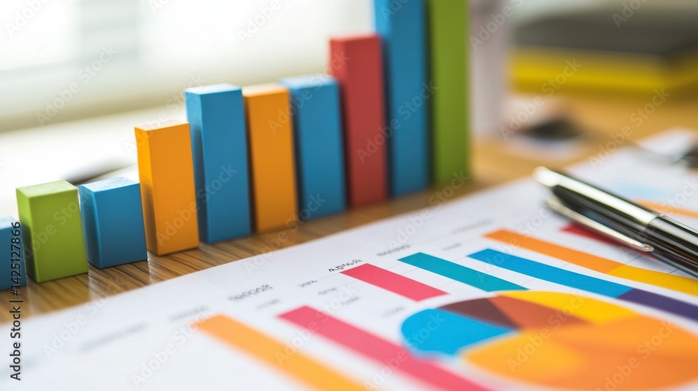 Poster colorful bar graph and pie chart on a desk with a pen, showing upward growth trend in business data.
